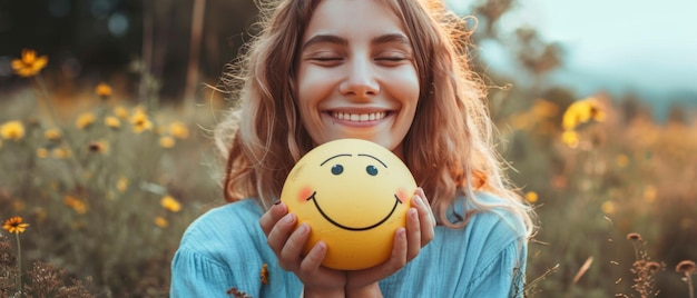 Mulher segura uma esfera sorridente promovendo positividade e conscientização sobre saúde mental
