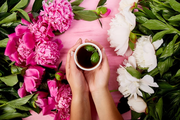 Mulher segura, xícara chá, cercado flores