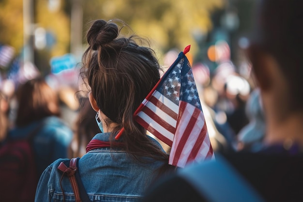 Mulher segurando a bandeira americana em um comício político