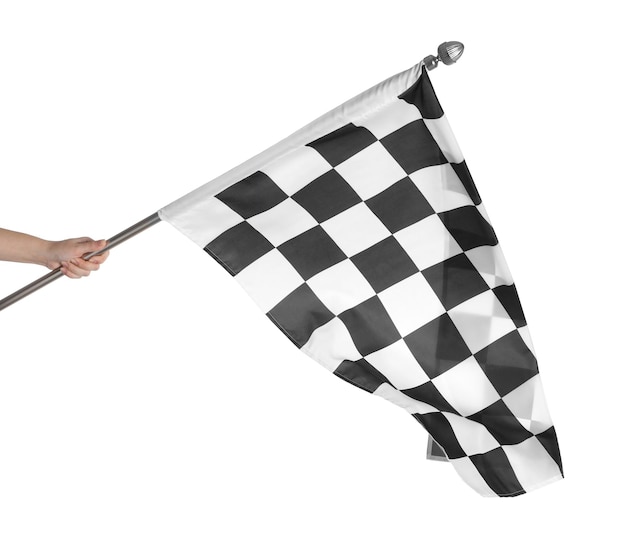 Mulher segurando a bandeira de chegada quadriculada sobre fundo branco closeup