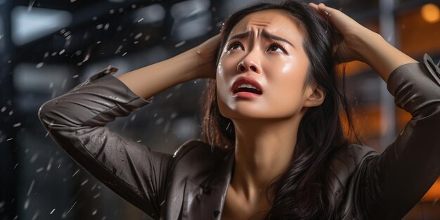 Foto mulher segurando a cabeça na chuva procurando abrigo sob um guarda-chuva