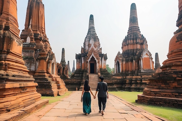 Foto mulher segurando a mão do homem e levando-o ao parque histórico de ayutthaya wat chaiwatthanaram budista