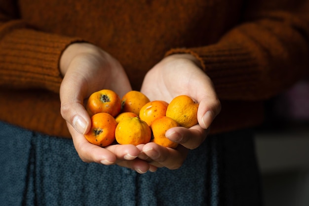 Foto mulher segurando algumas frutas tejocotes em suas mãos