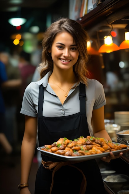 Mulher segurando bandeja de comida em um restaurante IA generativa