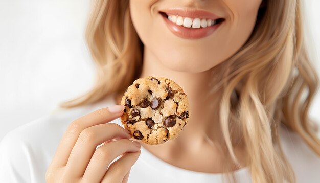 Mulher segurando biscoito mordido com chips de chocolate em fundo branco