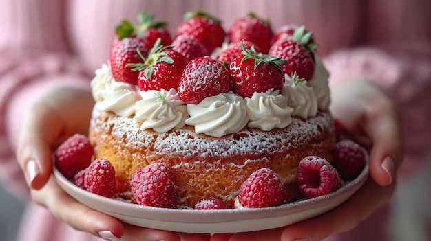 Mulher segurando bolo de morango em um fundo rosa