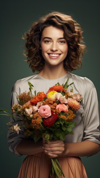 Mulher segurando buquê de flores, cabelo curto e cacheado de florista