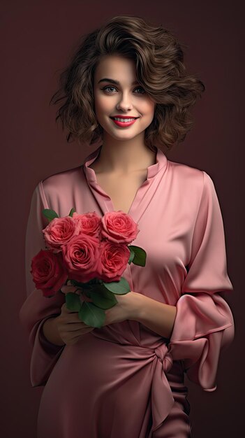 Mulher segurando buquê de flores, cabelo curto e cacheado de florista