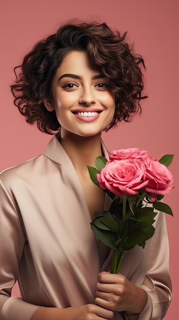 Foto mulher segurando buquê de flores, cabelo curto e cacheado de florista