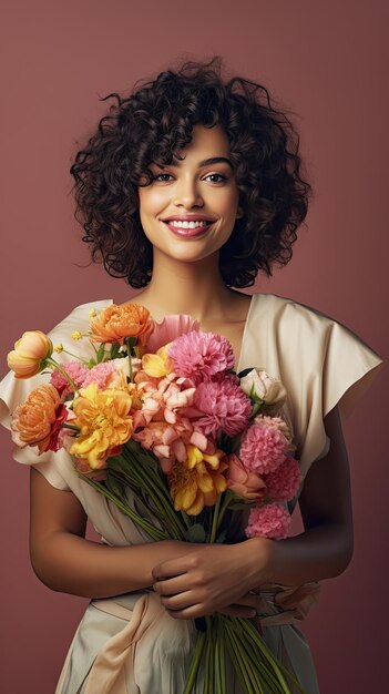 Foto mulher segurando buquê de flores, cabelo curto e cacheado de florista