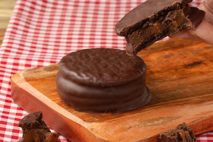 Foto mulher segurando delicioso pedaço de alfajor