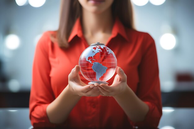 Foto mulher segurando esfera de vidro com letras uu em close de fundo desfocado