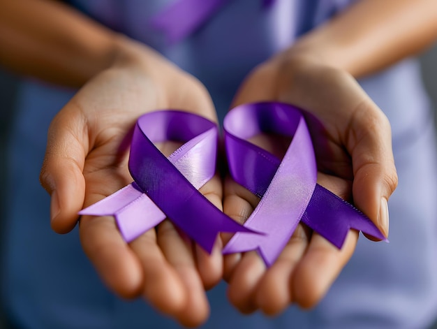Mulher segurando fita roxa em close-up conceito de conscientização sobre câncer de próstata