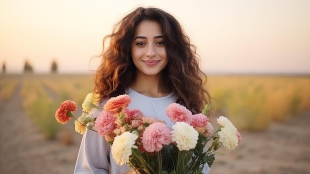 Mulher segurando flores coloridas no campo