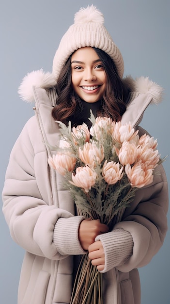 Mulher segurando florista de buquê de flores no inverno