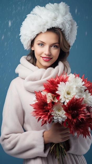 Mulher segurando florista de buquê de flores no inverno