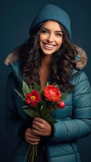 Mulher segurando florista de buquê de flores no inverno