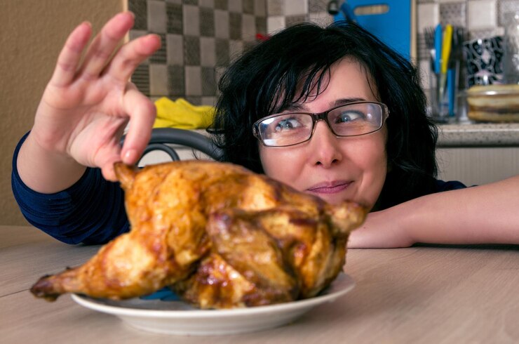 Foto mulher segurando frango assado na cozinha em casa