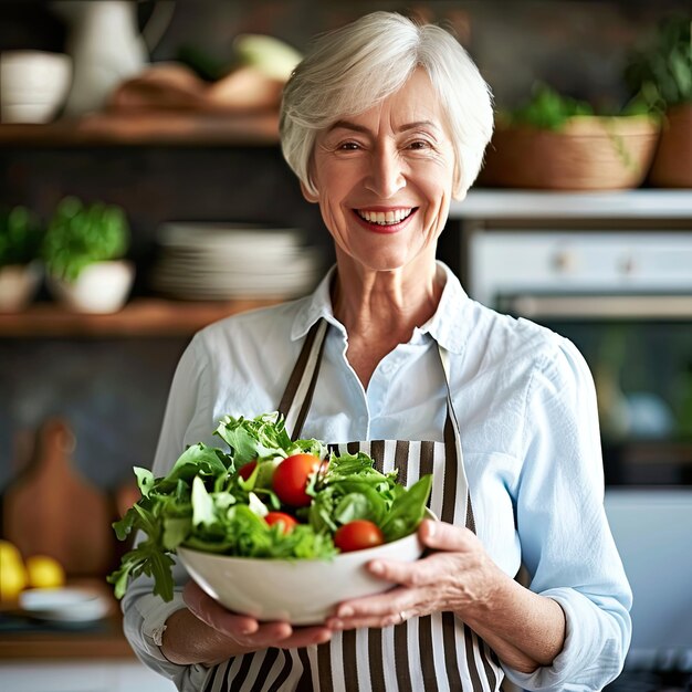 mulher segurando graciosamente uma tigela cheia de verduras e vegetais de salada vibrantes em uma cozinha iluminada pelo sol