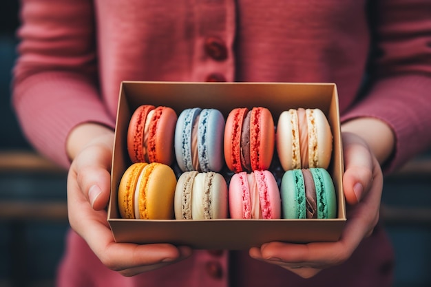 Mulher segurando macarons coloridos em caixa