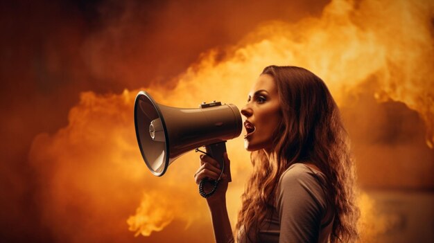 Foto mulher segurando megafone de pé em cobre