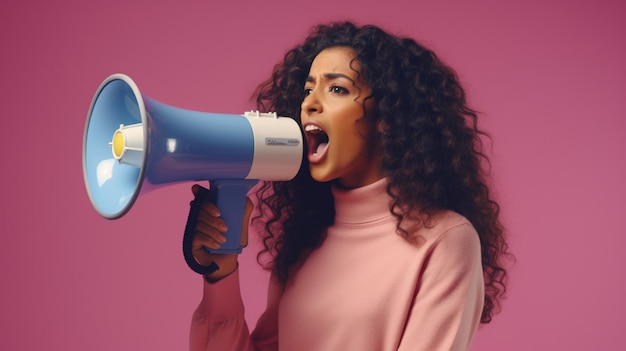 mulher segurando megafone de pé em fundo mauve