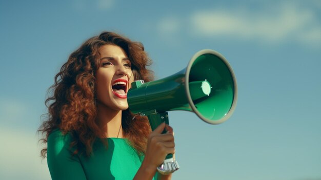 mulher segurando megafone de pé em Pine Green fundo