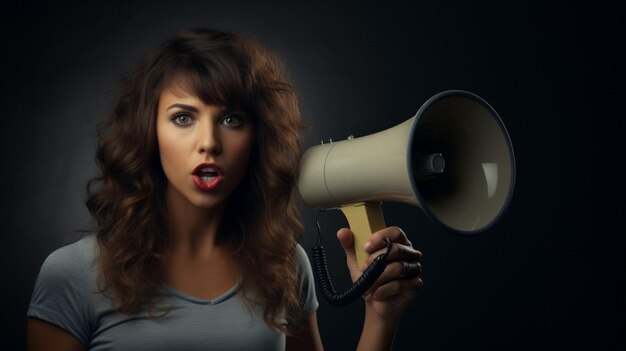 Foto mulher segurando megafone de pé em slate de volta