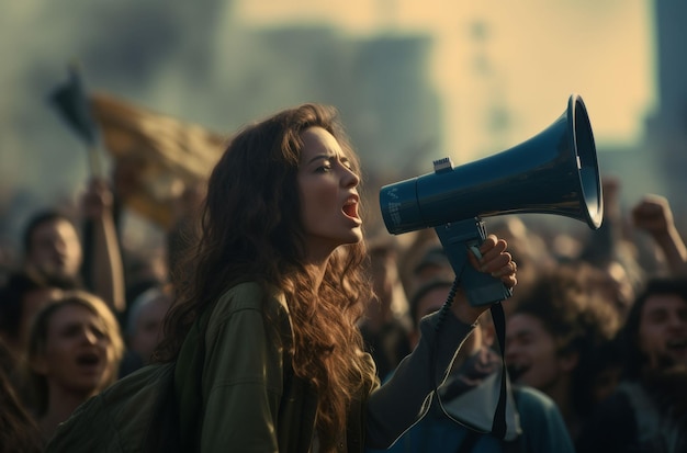 Foto mulher segurando megafone na frente da multidão