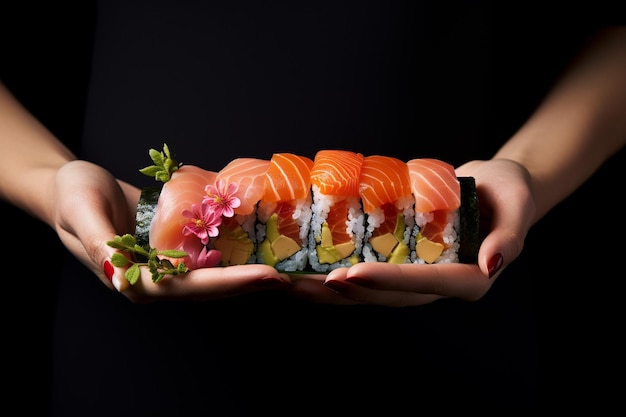 Foto mulher segurando na mão um pedaço de rolo de sushi