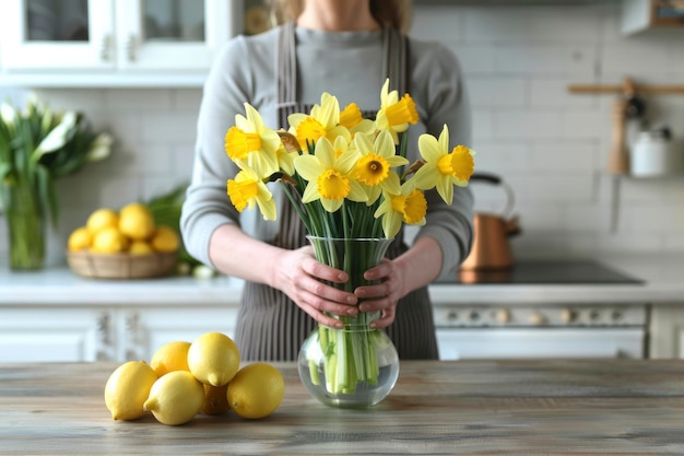 mulher segurando narcisos amarelos em frasco de vidro em uma mesa de madeira e um prato cheio de limões ao lado contra o fundo da cozinha borrosa