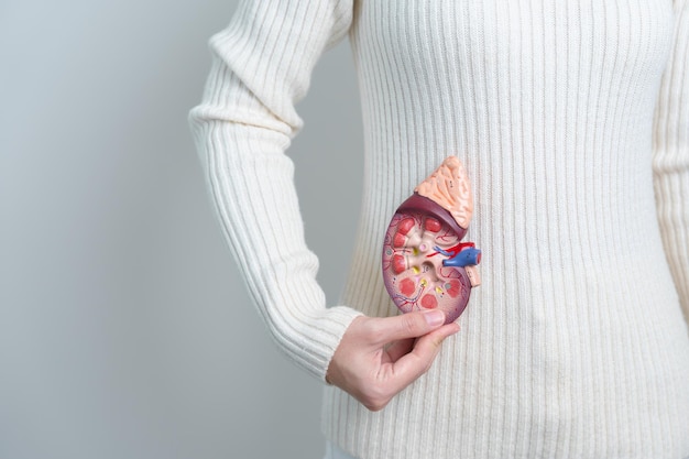 Mulher segurando o rim humano anatômico Doença modelo da glândula adrenal do sistema urinário e pedras Câncer dia mundial do rim Rim crônico e conceito de dia do doador de órgãos