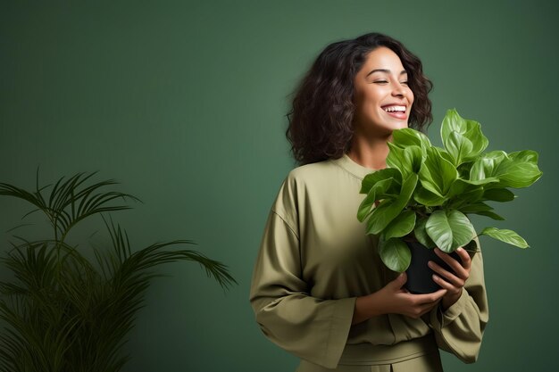 Foto mulher segurando planta em vaso e sorrindo para a câmera ai generativa