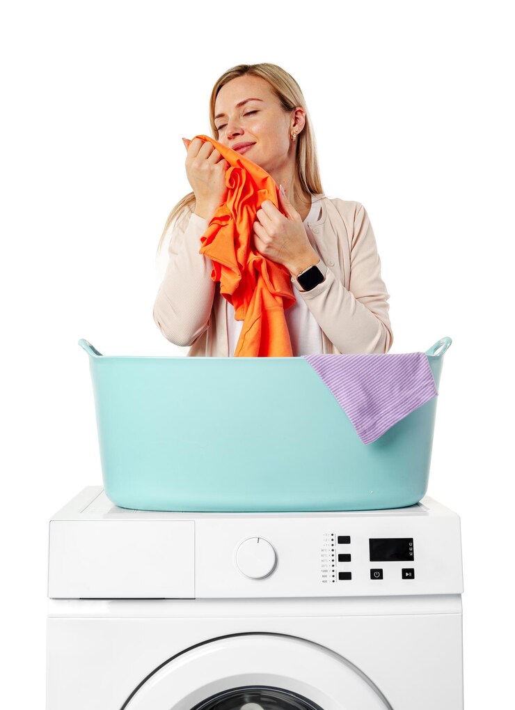 Foto mulher segurando roupa branca sobre uma máquina de lavar em fundo branco