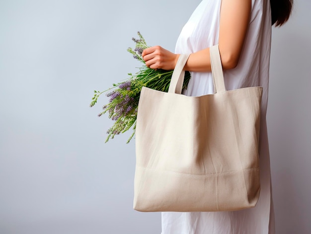 Mulher segurando saco com flores de lavanda em fundo cinza closeup