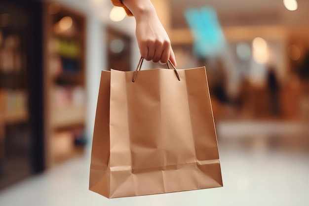 Mulher segurando saco de compras de papel em fundo cinzento IA generativa