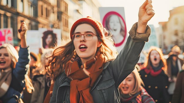 Foto mulher segurando sinais durante protesto contra a desigualdade de gênero