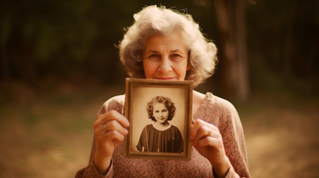 Mulher segurando sua foto vintage na frente da casa Ilustrador de IA generativa