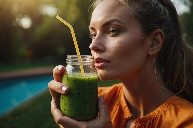 Foto mulher segurando suco de desintoxicação ao ar livre