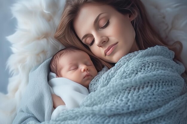 Mulher segurando um bebê adorável embrulhado em um cobertor azul IA generativa