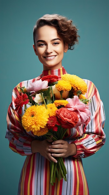 Mulher segurando um buquê de flores com corte de cabelo duende de florista