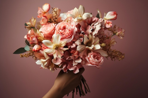 Mulher segurando um buquê de flores deslumbrantes em um fundo claro Amplo espaço para texto Ai