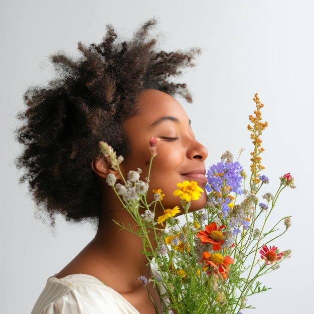 Foto mulher segurando um buquê de flores na boca