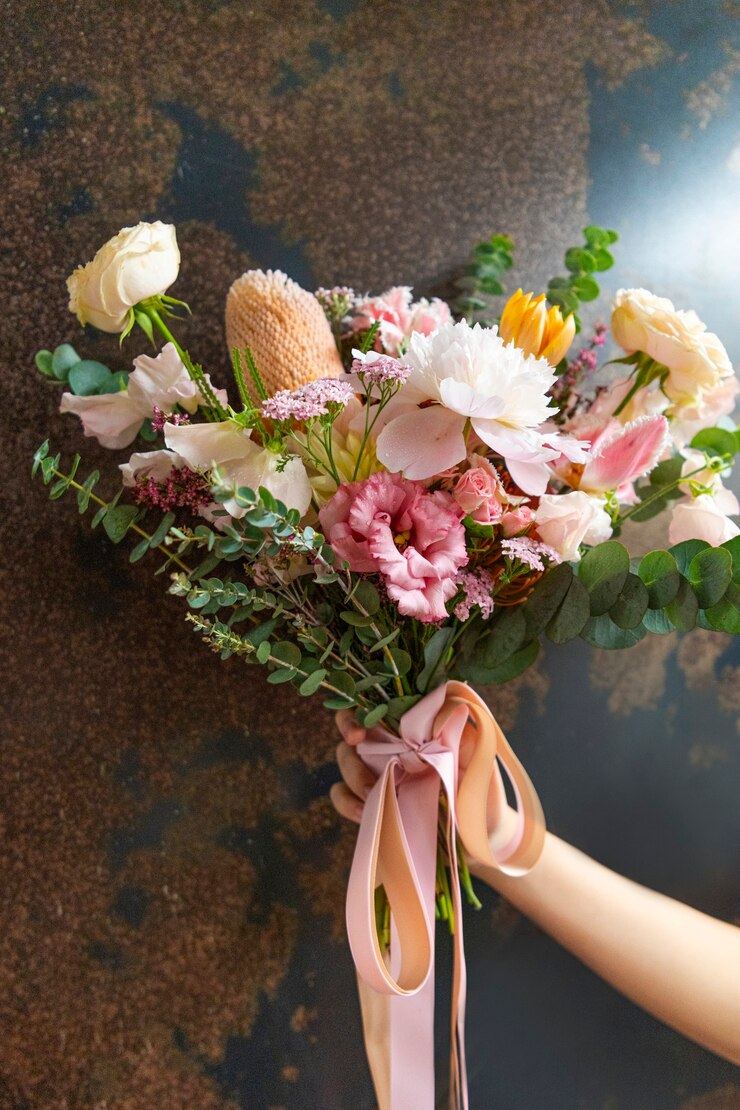 Foto mulher segurando um buquê de flores