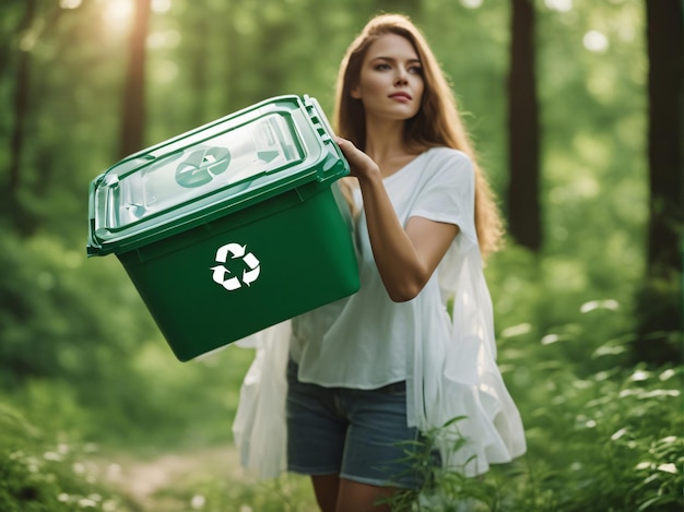 mulher segurando um conceito de reciclagem de caixa de lixo