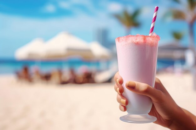 Mulher segurando um copo de saboroso smoothie de morango na praia de verão com palmeiras de fundo