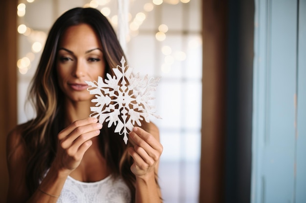 Mulher segurando um intrincado floco de neve de papel contra a luz