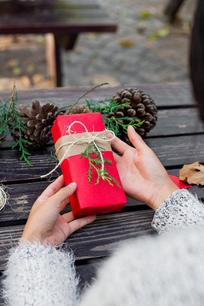 Mulher segurando um presente de natal orgânico embrulhado com pinhas e brunches