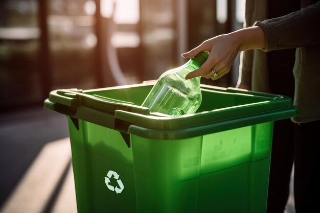 Mulher segurando um recipiente de reciclagem verde com símbolo branco proeminente