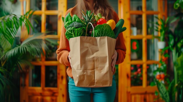 Mulher segurando um saco de papel no ar um saco cheio de produtos frescos comida saudável e cuidados pessoais